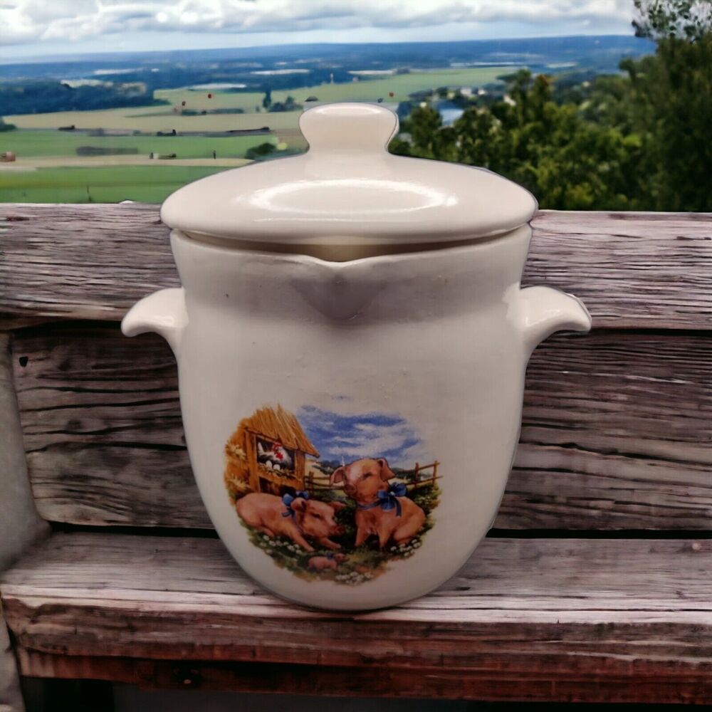 Quirky Handcrafted Transferware Pottery Juicer Tea Jug Pot Pigs Chickens Farm